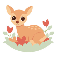 Fototapeta premium Cute Baby Deer in Flower Field – Pastel Flat Vector with Soft Fur & Big Eyes