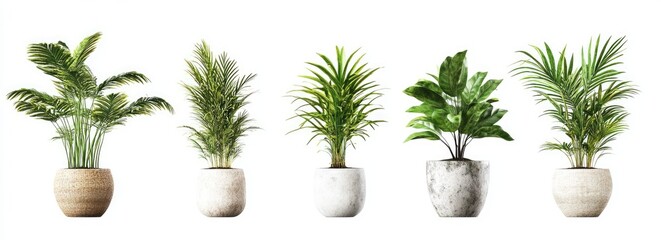 Five potted houseplants in various styles