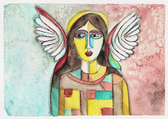Watercolor Angel with Abstract Geometric Patterns and Wing. Modern Spiritual Art, hand-made watercolor