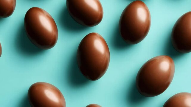 Milk chocolate eggs spinning against turquoise background, forming mesmerizing geometric circular movement