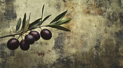 Ripe olives on branch against rustic background
