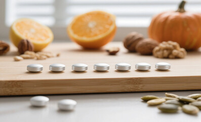 Vitamin Supplements Arranged with Fresh Oranges, Pumpkin, and Assorted Nuts on Wooden Cutting Board