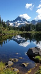 Serene mountain lake reflecting majestic snow capped peaks