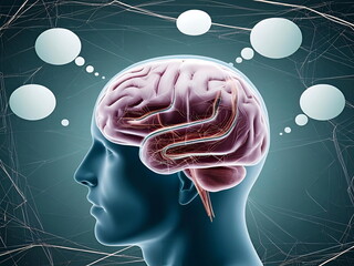 Obraz premium Illustration of Human Brain Featuring Neural Connections and Thought Bubbles