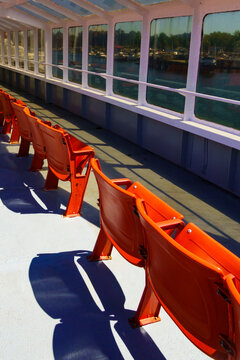Empty chairs on the Black Ball Ferry, Port Angeles, Washington State, USA.