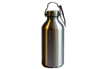 The gleaming stainless steel bottle a promise of fresh hydration standing ready for adventure on transparent background