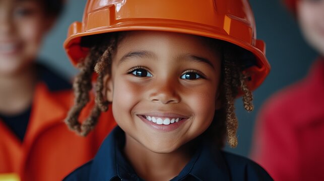 Young boy wearing an orange hard hat smiles brightly at the camera with coworkers visible in the background.