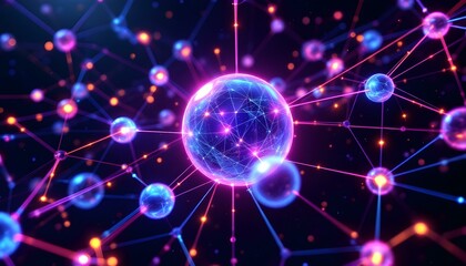 Obraz premium 3D abstract network with interconnected glowing spheres and lines, vibrant neon colors and depth effects 