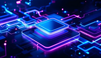 3D abstract network with interconnected glowing spheres and lines, vibrant neon colors and depth effects 