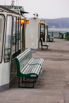 Row of benches on the top deck of the Walla Walla ferry, Seattle, Washington State, USA.