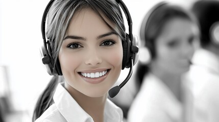Smiling customer service representative wearing headset.  Background shows blurred colleagues
