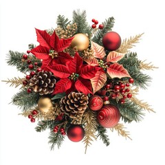 Festive Christmas wreath with poinsettias, pine cones, ornaments, and berries