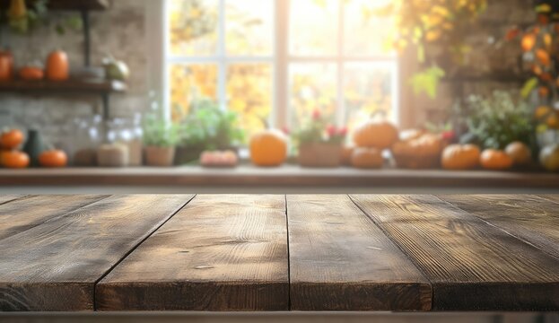Rustic wooden table in front of autumn window display