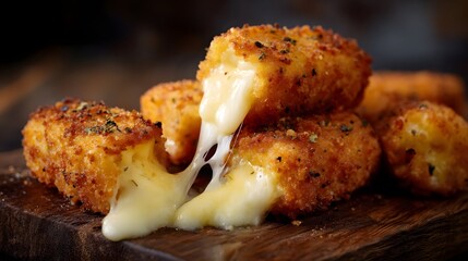 Crispy fried mozzarella sticks with gooey cheese mid bite