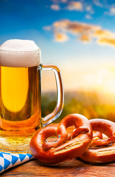 Golden beer served with soft pretzels against a sunset backdrop in a relaxing outdoor setting