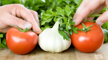 Two hands arrange fresh tomatoes and garlic, with parsley in the background. Ideal for food blogs, recipe sites, healthy eating, gardening, or farmers' market themes.

