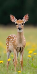 Fototapeta premium A baby deer stands in a field of yellow flowers. Concept of innocence and purity, as the deer is a symbol of youth and new beginnings. The bright yellow flowers in the background add a touch of warmth