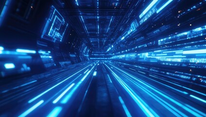 Futuristic tunnel with glowing blue lines