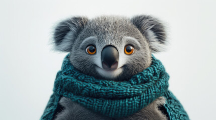 photorealistic 3D-rendered koala wearing a cozy teal knitted scarf smiles against a white background. Great for children's content, winter/holiday themes, or animal-related websites/blogs