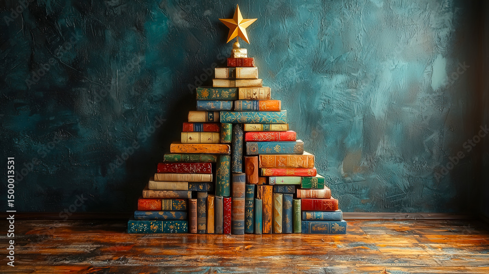 Poster Stack of colorful books arranged in the shape of a Christmas tree with a star on top set against a textured blue wall