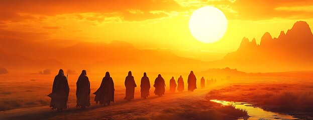 Sunset pilgrimage, desert path