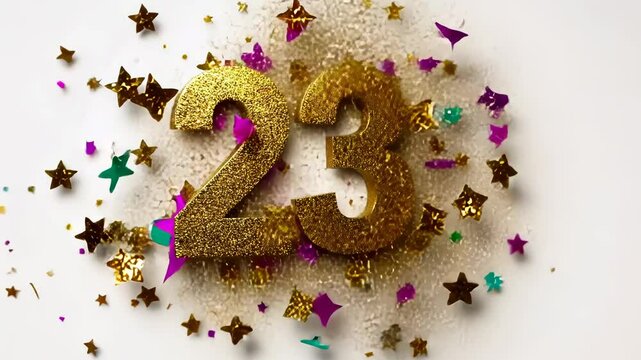 Happy birthday card with number 22 which turns into 23 on a festive background with golden stars and streamers