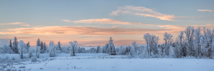 USA, Wyoming, Jackson. Grand Teton National Park, Panoramic view of dawn over the park's Moose Junction entrance on a frosty morning