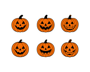 Halloween pumpkin face vector collection - funny jack-o-lantern expressions, cute, scary, beautiful Halloween icons and funny pumpkins for spooky autumn designs.