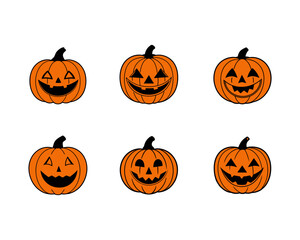 Halloween pumpkin face vector collection - funny jack-o-lantern expressions, cute, scary, beautiful Halloween icons and funny pumpkins for spooky autumn designs.