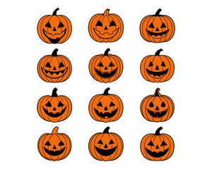 Halloween pumpkin face vector collection - funny jack-o-lantern expressions, cute, scary, beautiful Halloween icons and funny pumpkins for spooky autumn designs.