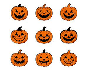 Halloween pumpkin face vector collection - funny jack-o-lantern expressions, cute, scary, beautiful Halloween icons and funny pumpkins for spooky autumn designs.