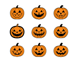 Halloween Pumpkin Faces Vector Set – Scary, Funny & Cute Jack-o'-Lantern Icons, Clipart Icons, Carving Stencils,Illustrations, Autumn Decor & Party Design.