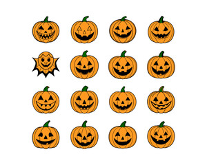 Halloween Pumpkin Faces Vector Set – Scary, Funny & Cute Jack-o'-Lantern Icons, Clipart Icons, Carving Stencils,Illustrations, Autumn Decor & Party Design.