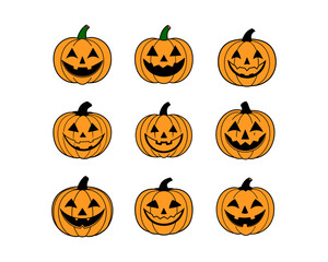 Halloween Pumpkin Faces Vector Set – Scary, Funny & Cute Jack-o'-Lantern Icons, Clipart Icons, Carving Stencils,Illustrations, Autumn Decor & Party Design.