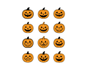 Halloween Pumpkin Faces Vector Set – Scary, Funny & Cute Jack-o'-Lantern Icons, Clipart Icons, Carving Stencils,Illustrations, Autumn Decor & Party Design.