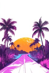 Naklejka premium Miami street scene, vibrant colors, Art Deco buildings, palm trees, sunny day, mid-century cars, lively atmosphere