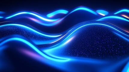 Glowing blue waves ripple across a dark background, speckled with light particles