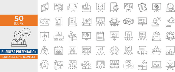 Business Presentation Line Icons Set – Editable Vector Illustrations of Seminars, Meetings, Conferences, Whiteboards, Keynotes, Business Plans, and Audience Engagement