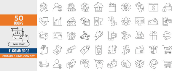 E-commerce Line Icon Set – Editable Stroke Vector Illustrations of Online Shopping, Payment, Discounts, Delivery, Cart, Credit Card, and Customer Service