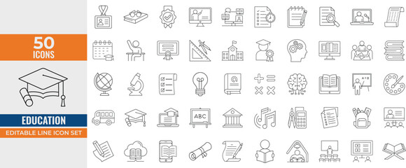 Education Icon Set – Editable Line Vector Icons of Learning, School, E-Learning, Graduation, Teaching, University, and Online Study