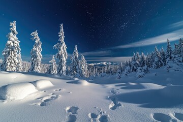 Snowy mountain peaks under a starry night sky