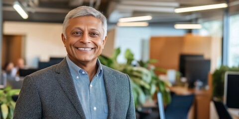 Fototapeta premium Mature caucasian businessman smiling in modern office with plants and colleagues