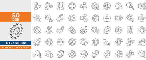 Gear and Settings Icon Set – Editable Line Vector Icons with Customizable Stroke