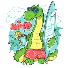 Dinosaur surfing print with drink and summer beach vibes for t-shirt designs