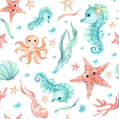 Seahorse, starfish, octopus cute children's illustration seamless pattern. Watercolor characters, seaweed, bubbles of underwater world isolated from background. Kids design for textile, packaging