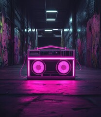Neon pink boombox in a graffiti-covered alley
