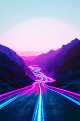 Neon style landscape with road in the middle. Cyber pink, violet and blue colors.