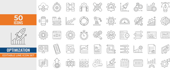 Optimization Icon Set – Editable Line Vector Icons of Development, Automation, Workflow, Productivity, Settings, and Process Improvement