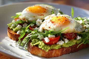 Delicious avocado toast with fried eggs, rocket salad, tomatoes and feta cheese for healthy breakfast