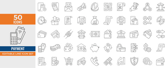 Payment Line Icons Set – Editable Vector Illustrations of Finance, Banking, Credit Cards, Money Transfer, Cash, ATM, Billing, and Online Payment Methods